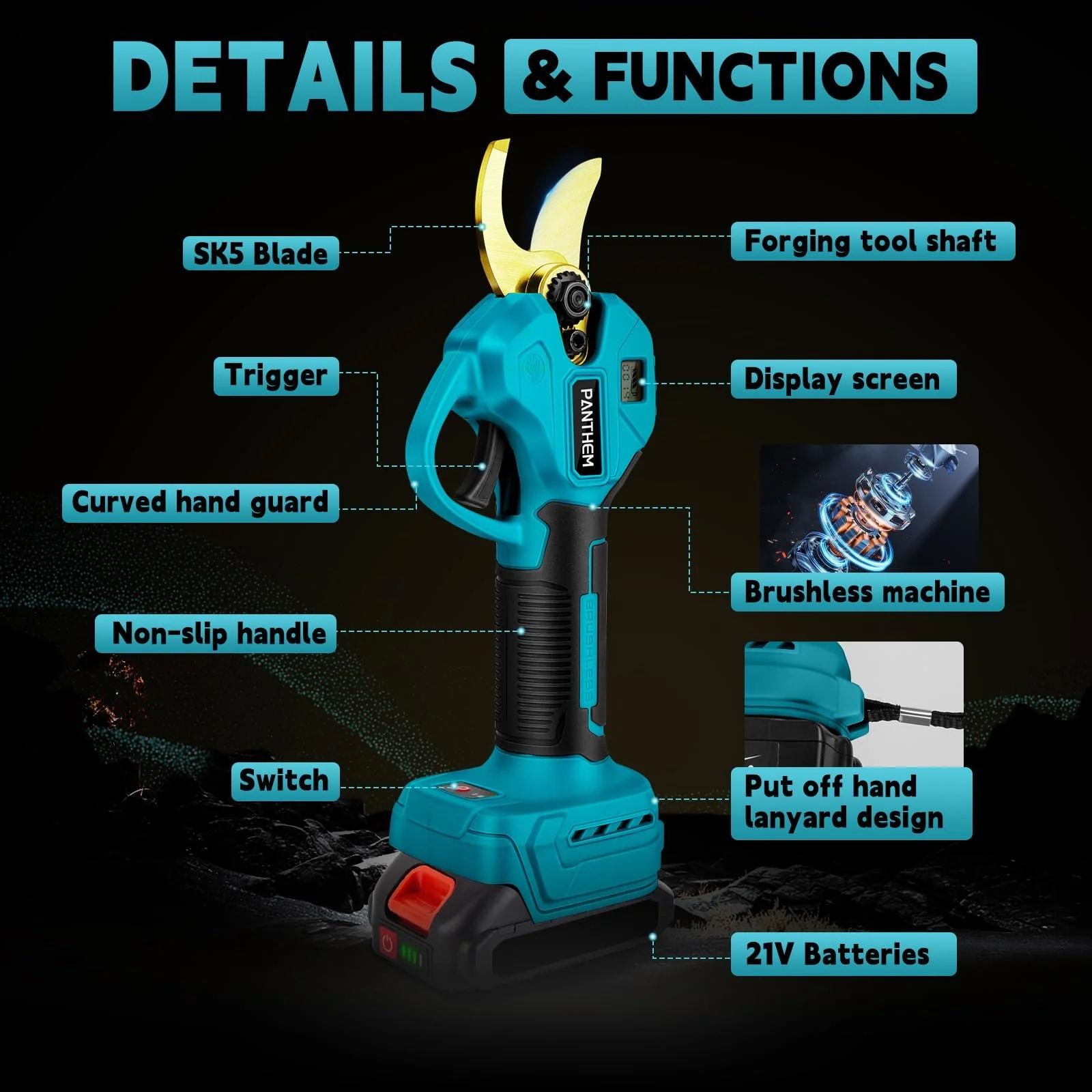 Акумуляторні гілкорізи з акумулятором і зарядним пристроєм 21 В 2000 мАг, професійні безщіткові електричні ножиці для обрізки з РК-дисплеєм, фото №3