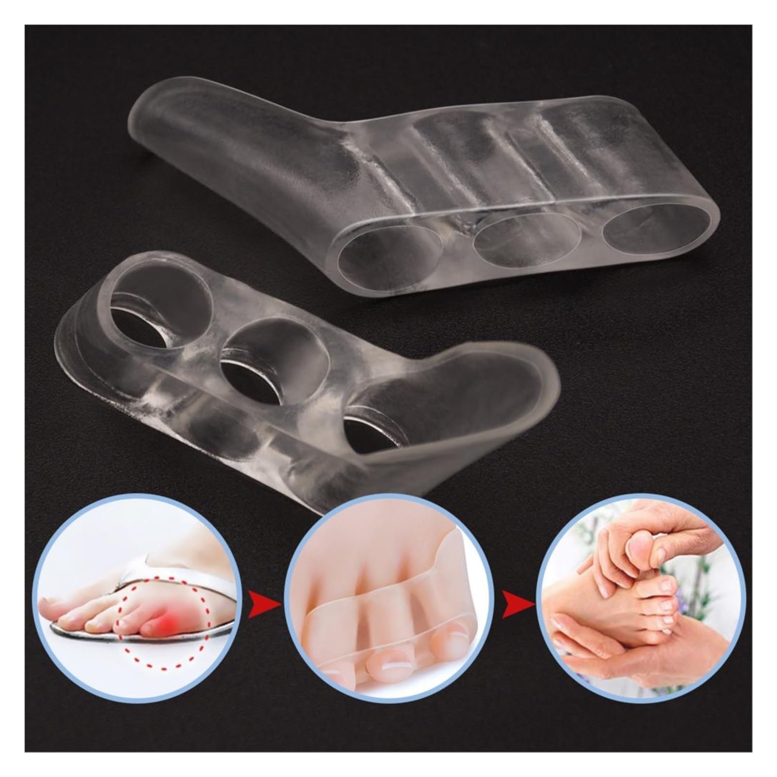 Роздільник для пальців прозорий силіконовий гелевий коректор для зняття болю три отвори, фото №2