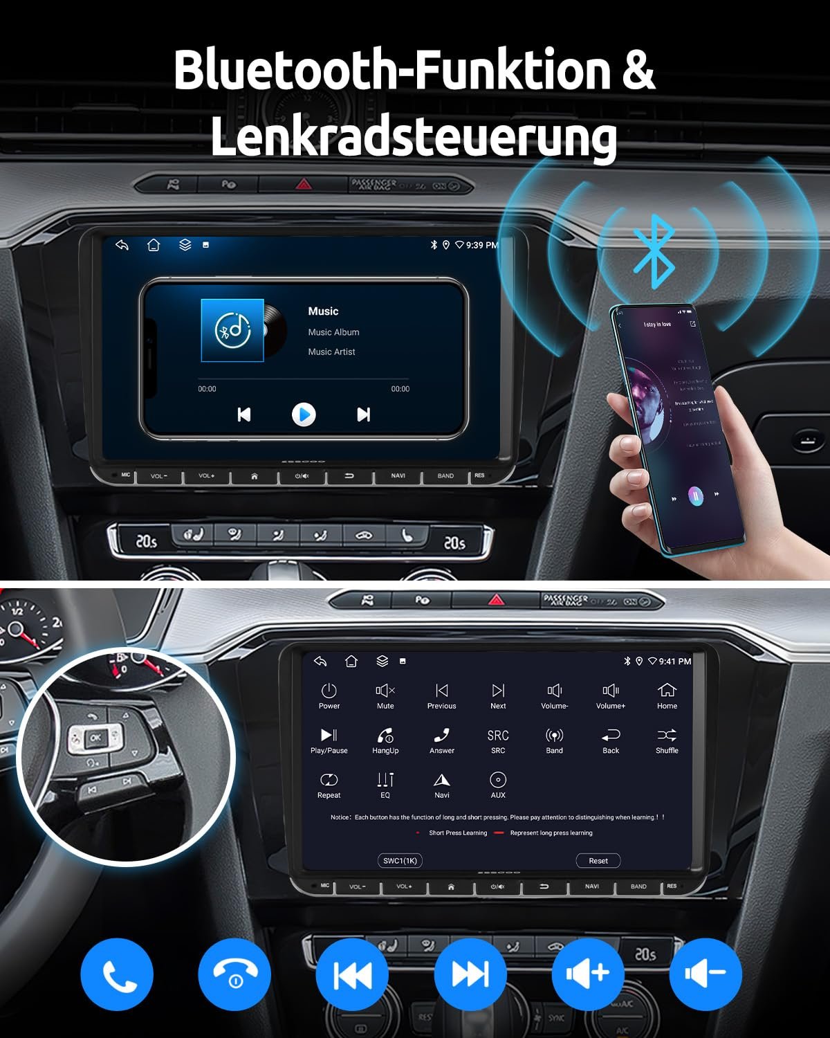 Автомагнітола Essgoo для VW Golf 5 6 Touran B6 EOS Tiguan Polo 4+64G Carplay 9 дюймів Android 14 Бездротова, Bluetooth, GPS, RDS, навігація, Mirror Link, FM, SWC, фото №6