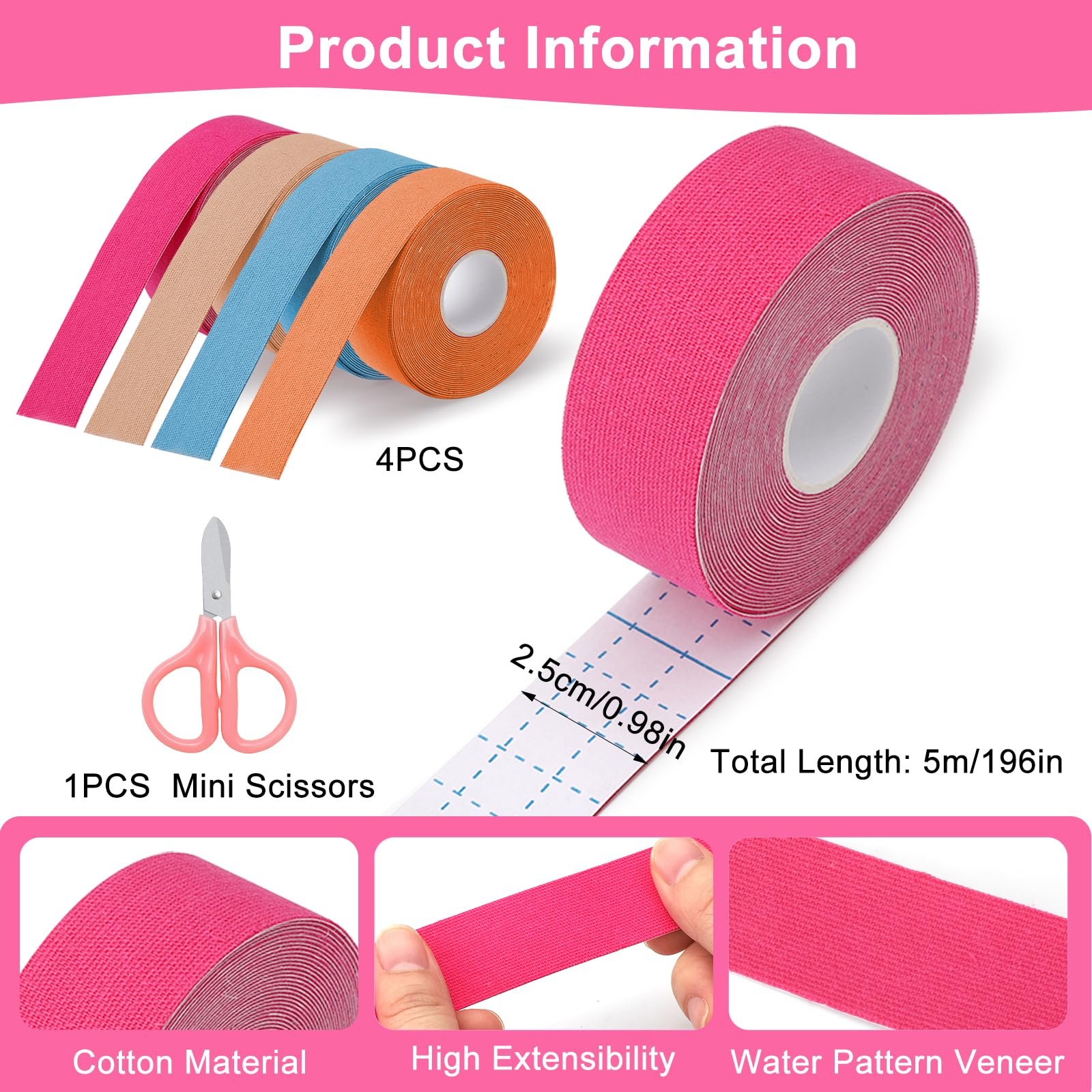 Лента для лица HENGBIRD, 2,5 см x 5 м, телесный, оранжевый, розовый, голубой, 4 шт., фото №3