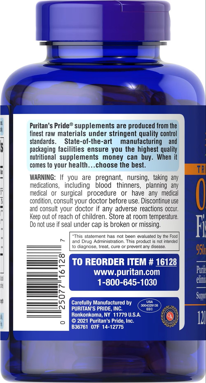 Омега-3 Puritan's Pride Omega-3 Fish Oil Triple Strength 1400 mg 120 Softgels, фото №2