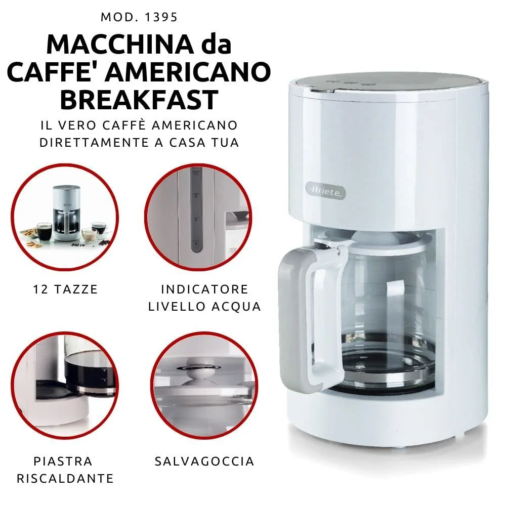 Фильтрационная кофемашина Ariete Breakfast 1395 12 чашек индикатор уровня воды подогрев моющийся фильтр защита от капель Белая, фото №2