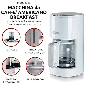 Фильтрационная кофемашина Ariete Breakfast 1395 12 чашек индикатор уровня воды подогрев моющийся фильтр защита от капель Белая synthetic.ua - Фото 1