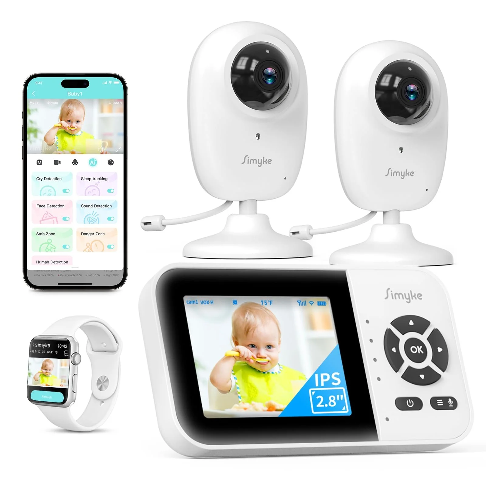 Видеоняня Simyke Smart BabyMonitor 1080p 2 камеры WiFi 2.4 GHz 300 м датчик температуры 2500 мАч, фото №1 Видеоняня Simyke Smart BabyMonitor 1080p 2 камеры WiFi 2.4 GHz 300 м датчик температуры 2500 мАч, фото №1