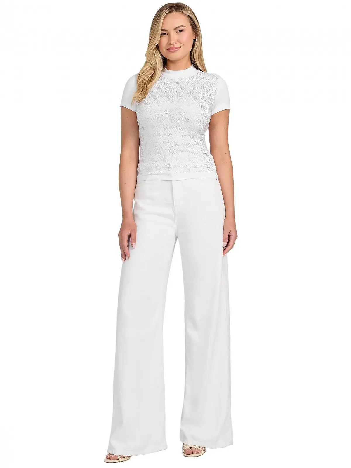 Футболка GUESS жіноча з короткими рукавами, коміром-стійкою, 4 г, чисто біла, маленька, фото №2