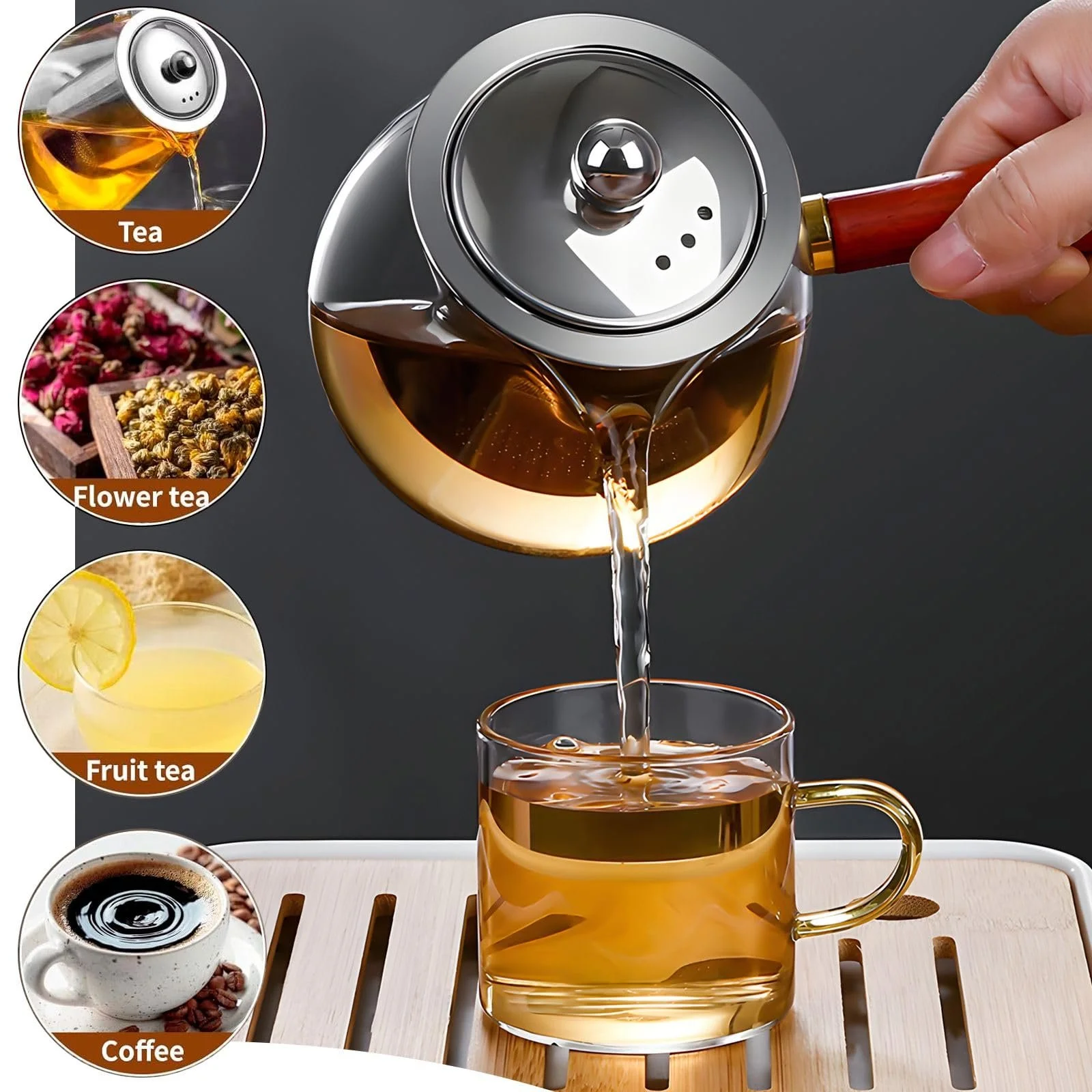 Скляний Чайник-заварник з ситечком  Clear Glass Teapots with Infuser for Loose Tea 380 мл, фото №4