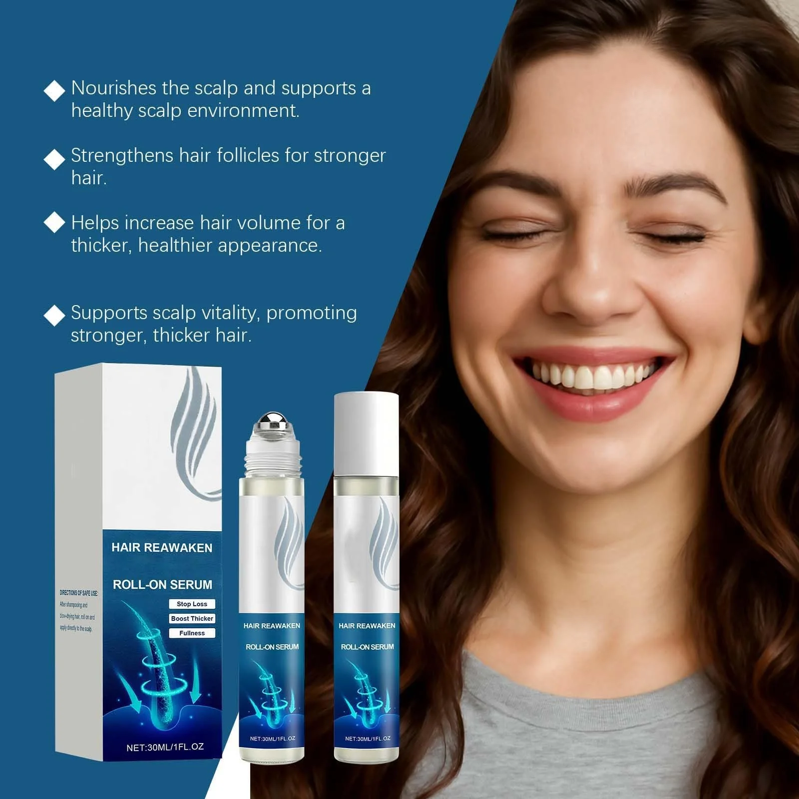 Сыворотка для роста волос Roll On, 30 мл*2, роллерная сыворотка для волос, блокирующая сыворотка для кожи головы, стимулирует поток кислорода, уменьшает выпадение волос, для всех типов волос, фото №3
