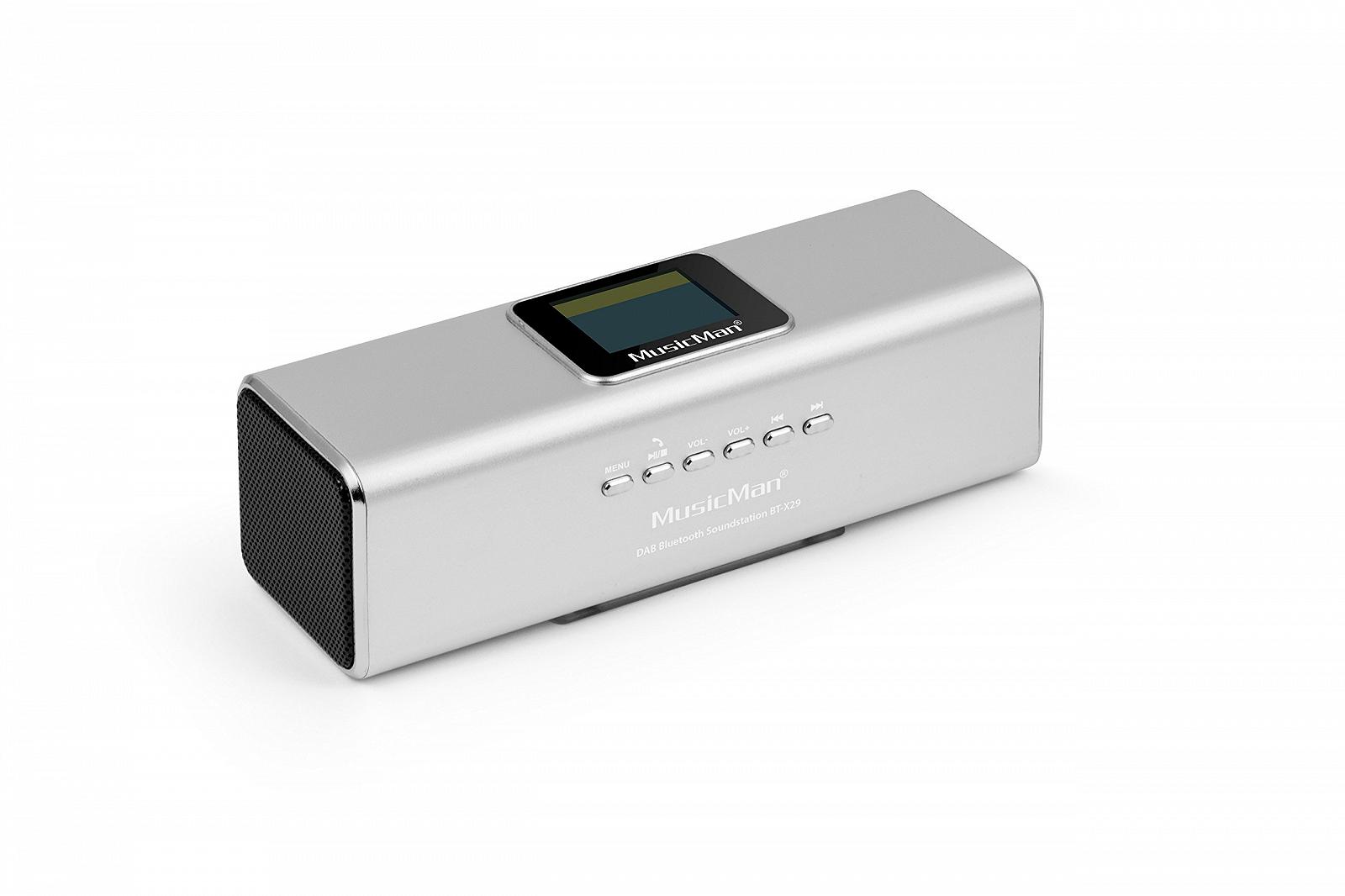 Портативна Bluetooth/DAB стереоколонка MusicMan BT 29 з вбудованою акумуляторною батареєю та LCD дисплеєм (MP3 плеєр, радіо, слот для microSD карти, USB) Сріблястий, фото №1