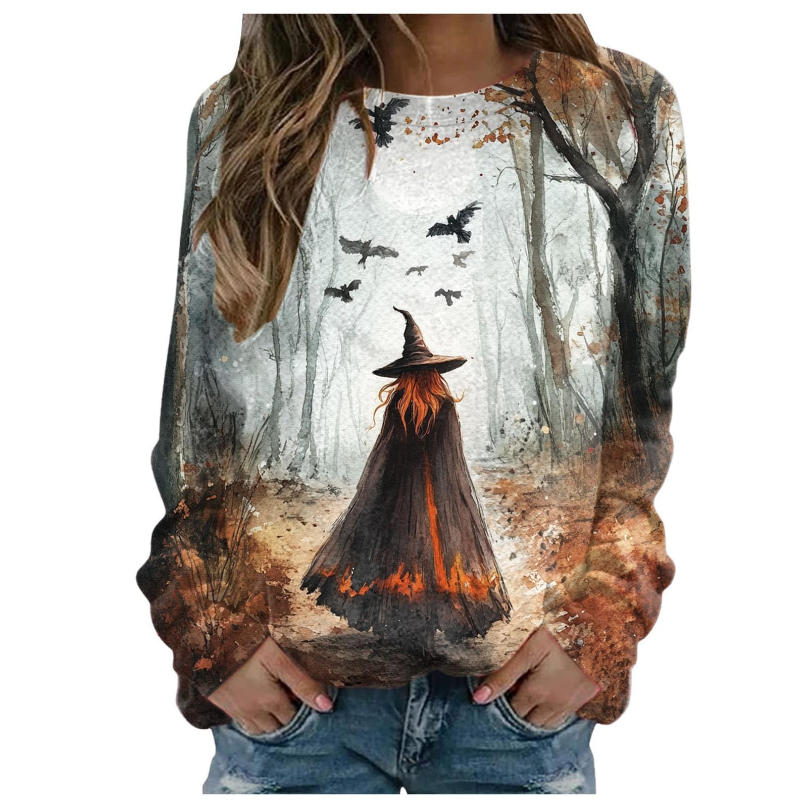 Женский свитшот с принтом ведьмы на Хэллоуин, пуловер без капюшона, джемпер с длинными рукавами и круглым вырезом, фото №1 Женский свитшот с принтом ведьмы на Хэллоуин, пуловер без капюшона, джемпер с длинными рукавами и круглым вырезом, фото №1