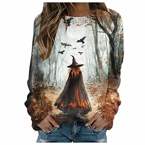 Женский свитшот с принтом ведьмы на Хэллоуин, пуловер без капюшона, джемпер с длинными рукавами и круглым вырезом - Фото 1