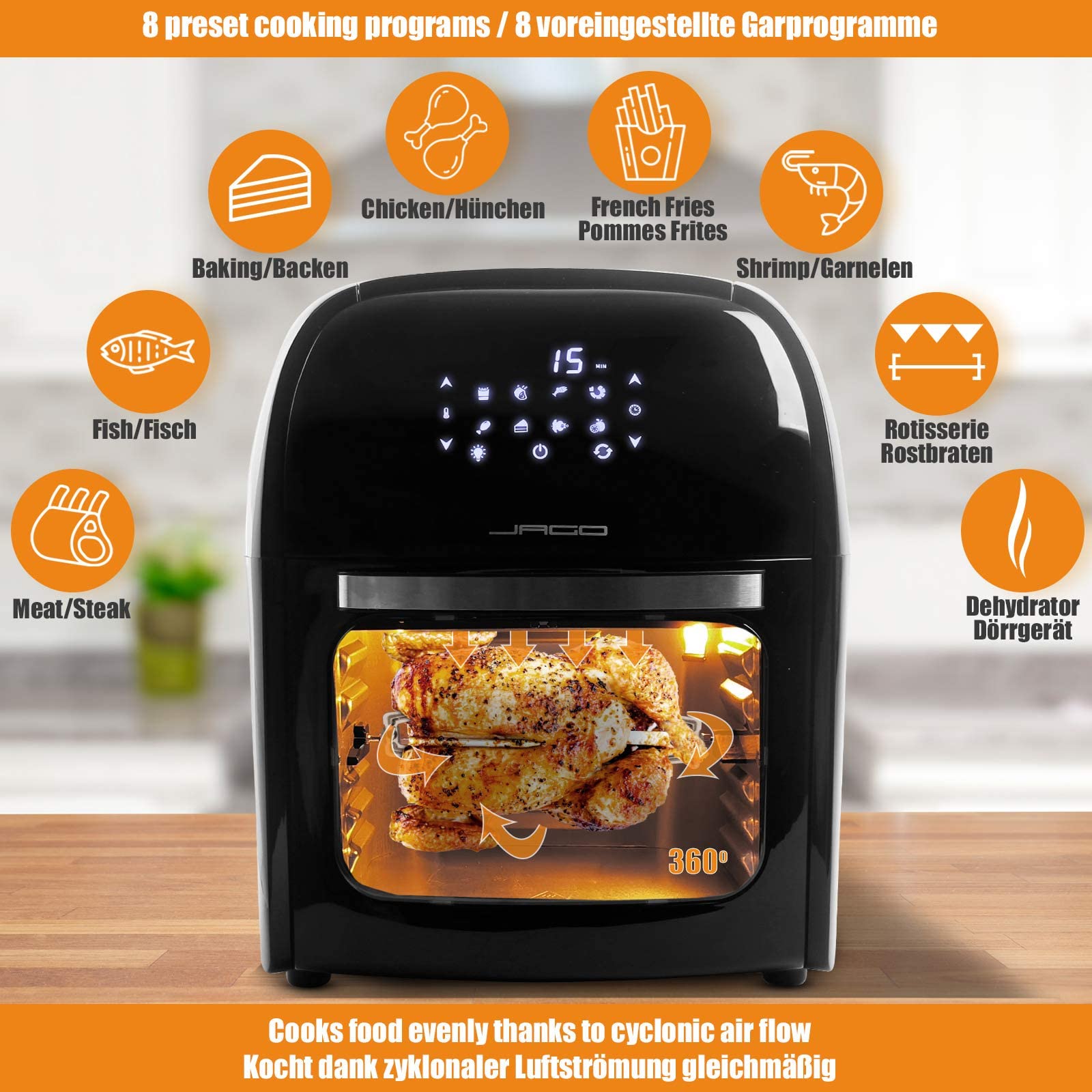 Фритюрница Jago® XXXL 8-в-1 12 Л + 10 Аксессуаров - 1800 Вт, LED Экран с Сенсором, 8 Программ/Таймер, Без Масла, фото №2