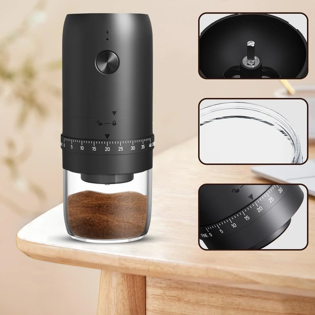 Електрична кавомолка RANJIMA Портативна з 40 налаштуваннями помелу, керамічним сердечником для подорожей, кемпінгу, офісу, еспресо, фото №3