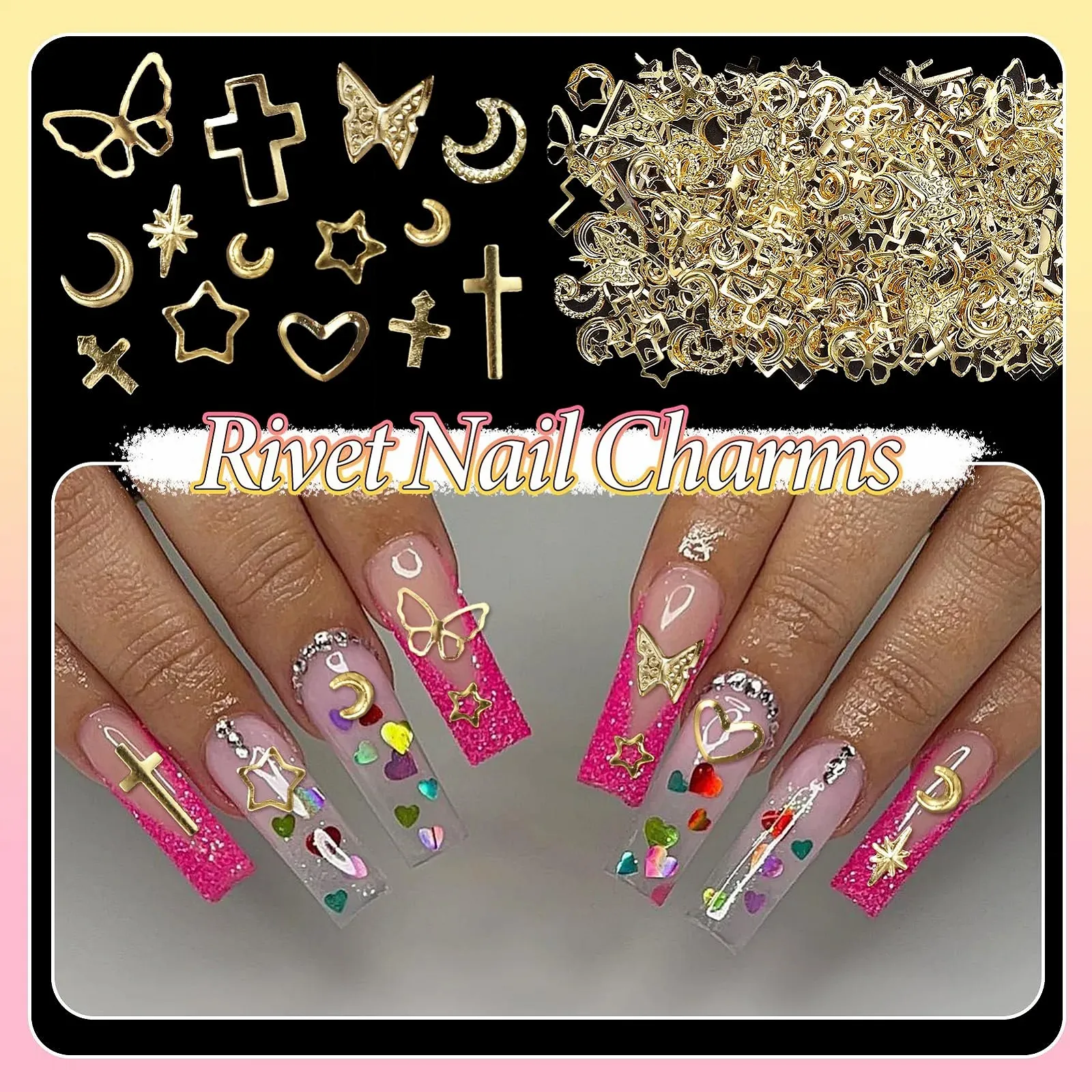 Прикраса для нігтів Серце, Роза, Метелик, Діамант, Золотий, 320 шт, фото №4