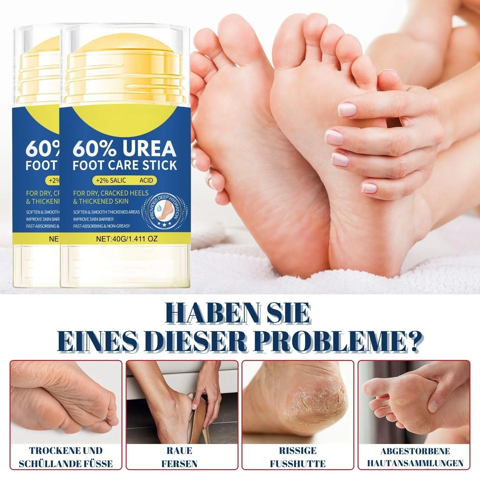 Крем для ног Urea 60% для очень сухой и потрескавшейся кожи с 2% салициловой кислотой стик бальзам (2*40 г), фото №4
