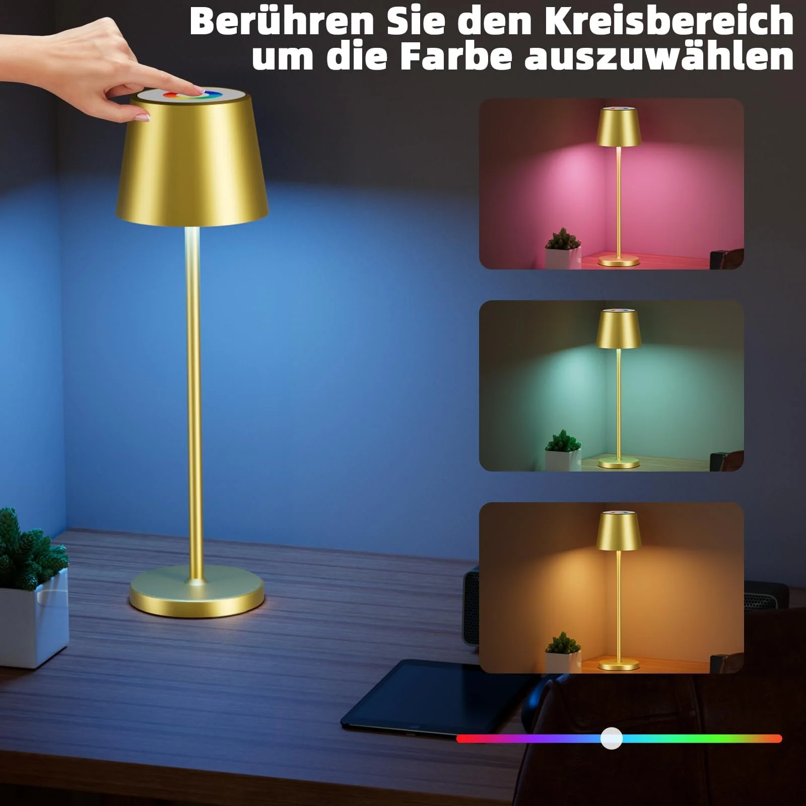 Настільна лампа Qsky Wireless Dimmable LED Battery 3000 K + RGB Алюмінієва IP54 Золотиста (1 шт.), фото №6