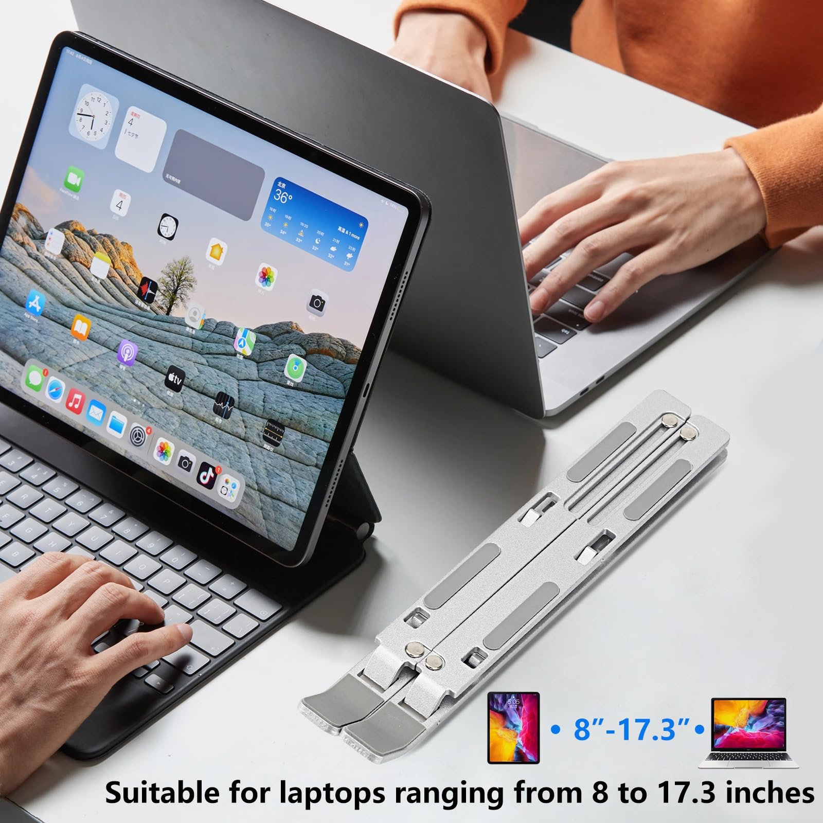 Подставка для ноутбука алюминиевая складная портативная 10-17 дюймов регулируемая черная, фото №2