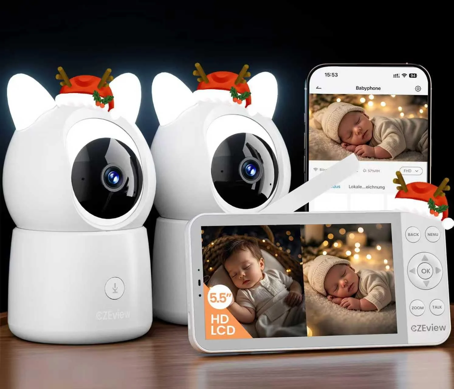Відеоняня CZEview 2.5K 5.5 Inch HD 360° WiFi Нічне бачення Нічник Білий (2 шт.), фото №1