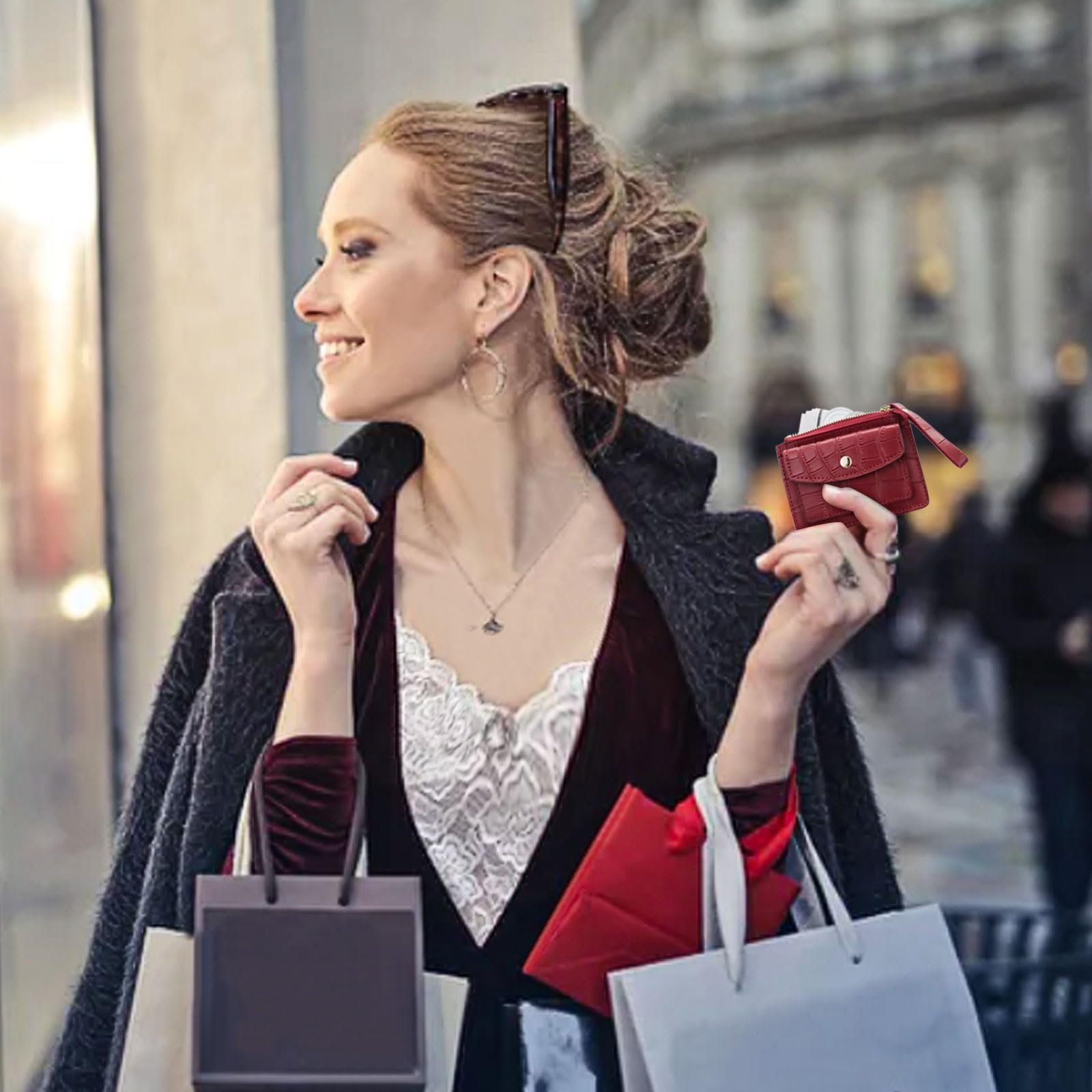 Кошелек MultiValue Slim Card Case, Кожаный картхолдер с отделением для монет, Карточный кошелек подходит для переднего кармана, Кошелек на молнии для женщин с карманом на кнопке, темно-красный, Modern, фото №7