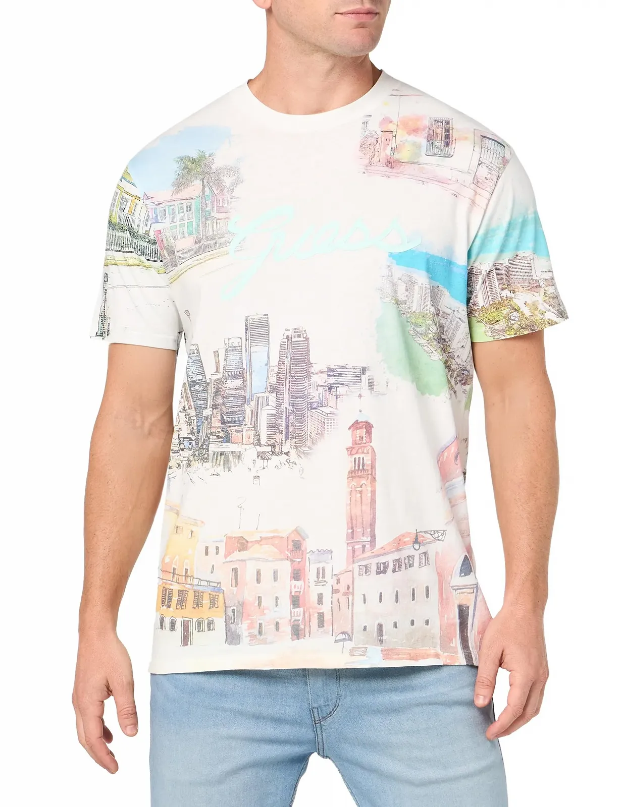 Футболка GUESS Eco Riviera Postcard Tee, білий 'сіль', різнокольоровий, L, фото №1