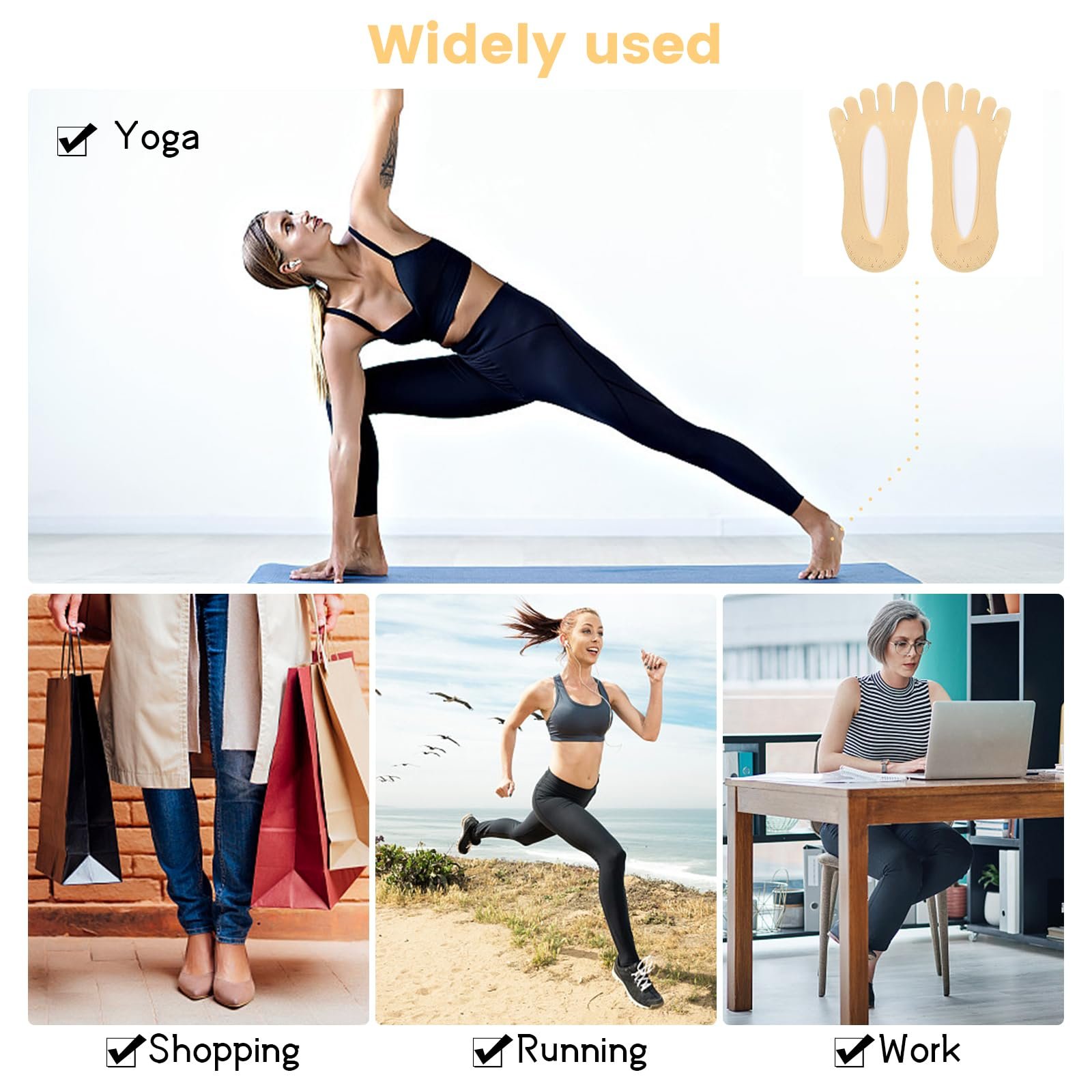 Носки с пальцами 10 пар Ортопедические компрессионные носки Низкие носки с пальцами Невидимые носки с разделенными пальцами с гелевой вкладкой, белый, черный, розовый, серый, телесный цвет, фото №7