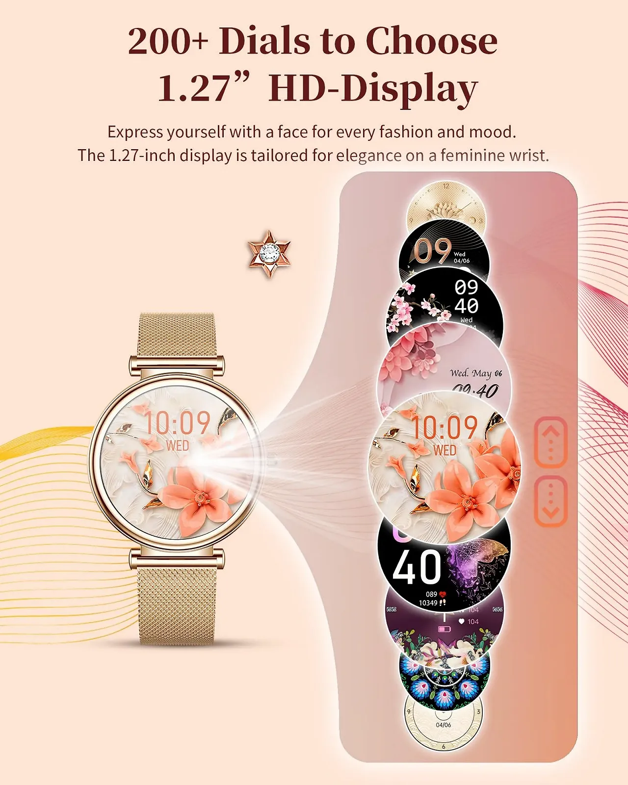 Смартгодинник жіночий, Смартгодинник з функцією телефона, IP68 водонепроникний, 1.3 дюймовий HD сенсорний екран, фото №4