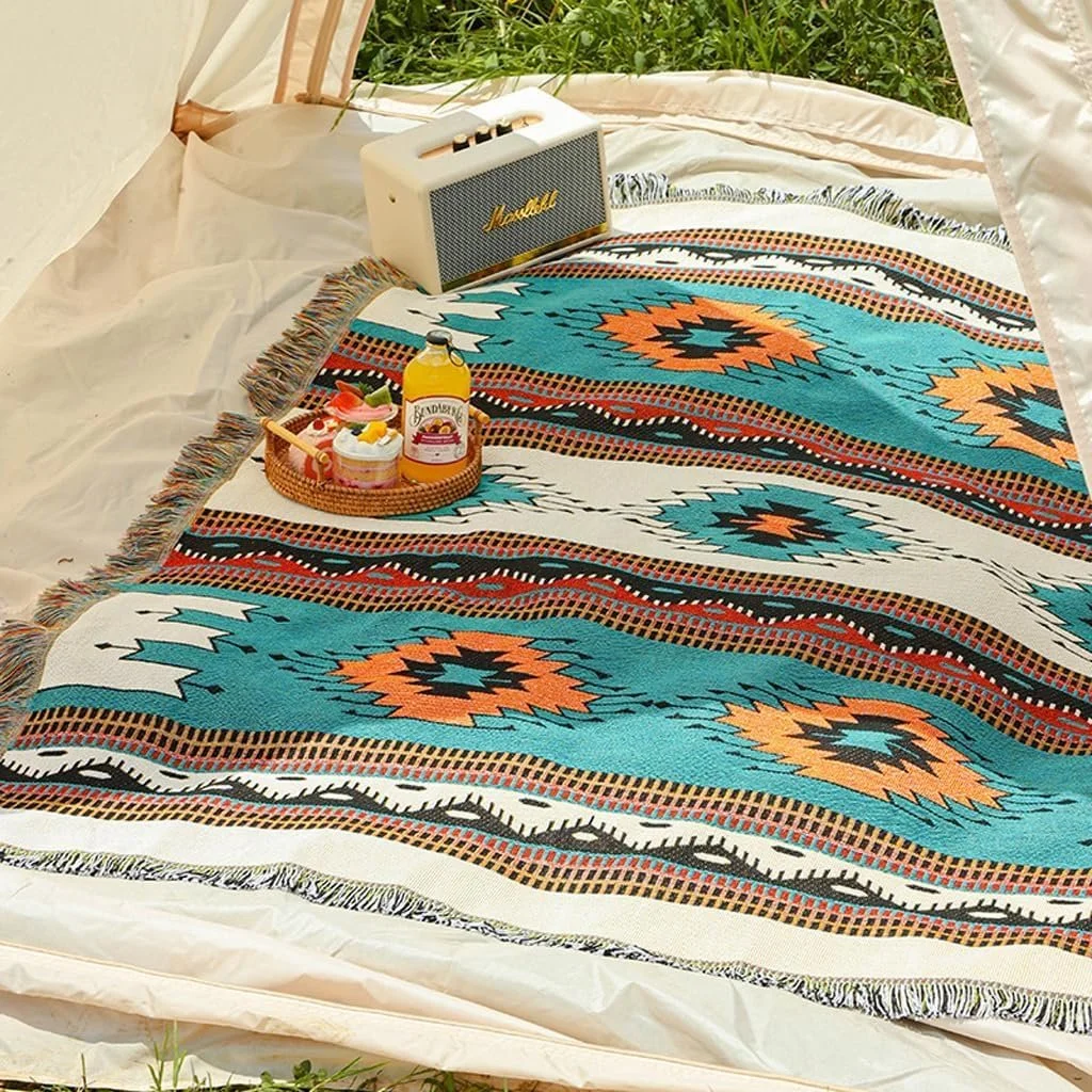 Бохо Одеяло Czyminrout с кисточками, Ацтекский этнический стиль, двустороннее, для дома, офиса, путешествий, кемпинга 180 x 260 см, лесной зеленый, фото №3