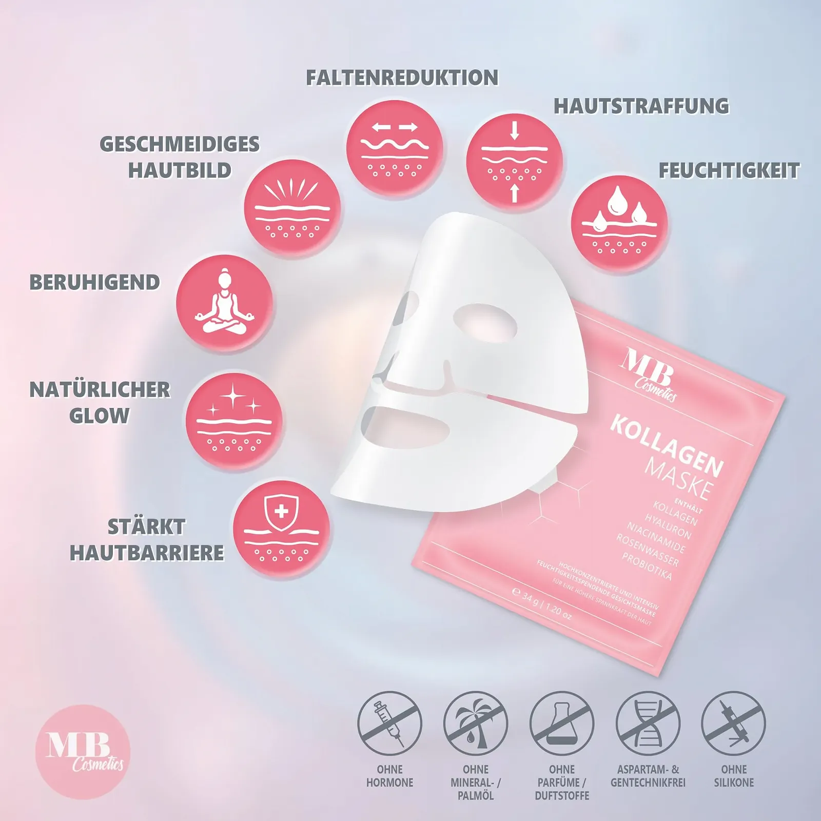 Маска для обличчя MB Cosmetics Collagen - З гіалуроном, ніацинамідами та пробіотиками 5 шт, фото №8