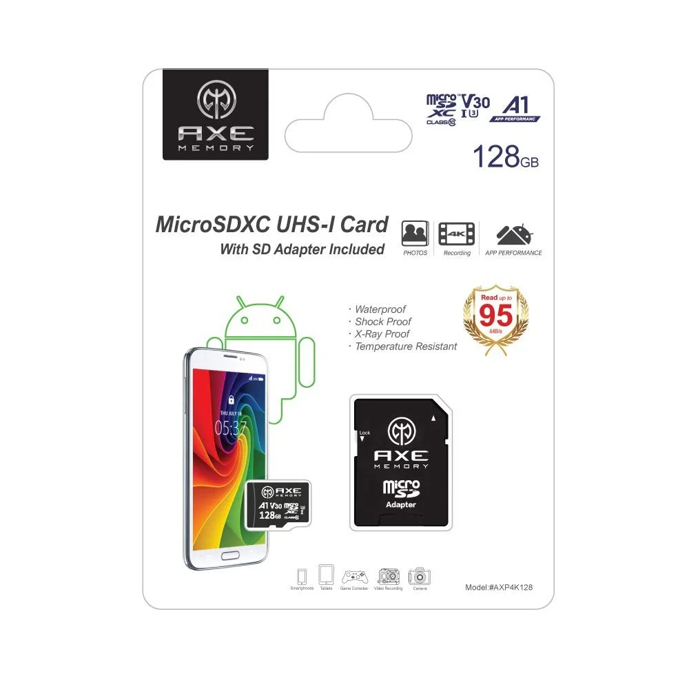Карта пам'яті AXE MicroSDXC 128GB + SD Adapter A1 V30 UHS-I U3 4K, фото №7 Карта пам'яті AXE MicroSDXC 128GB + SD Adapter A1 V30 UHS-I U3 4K, фото №7