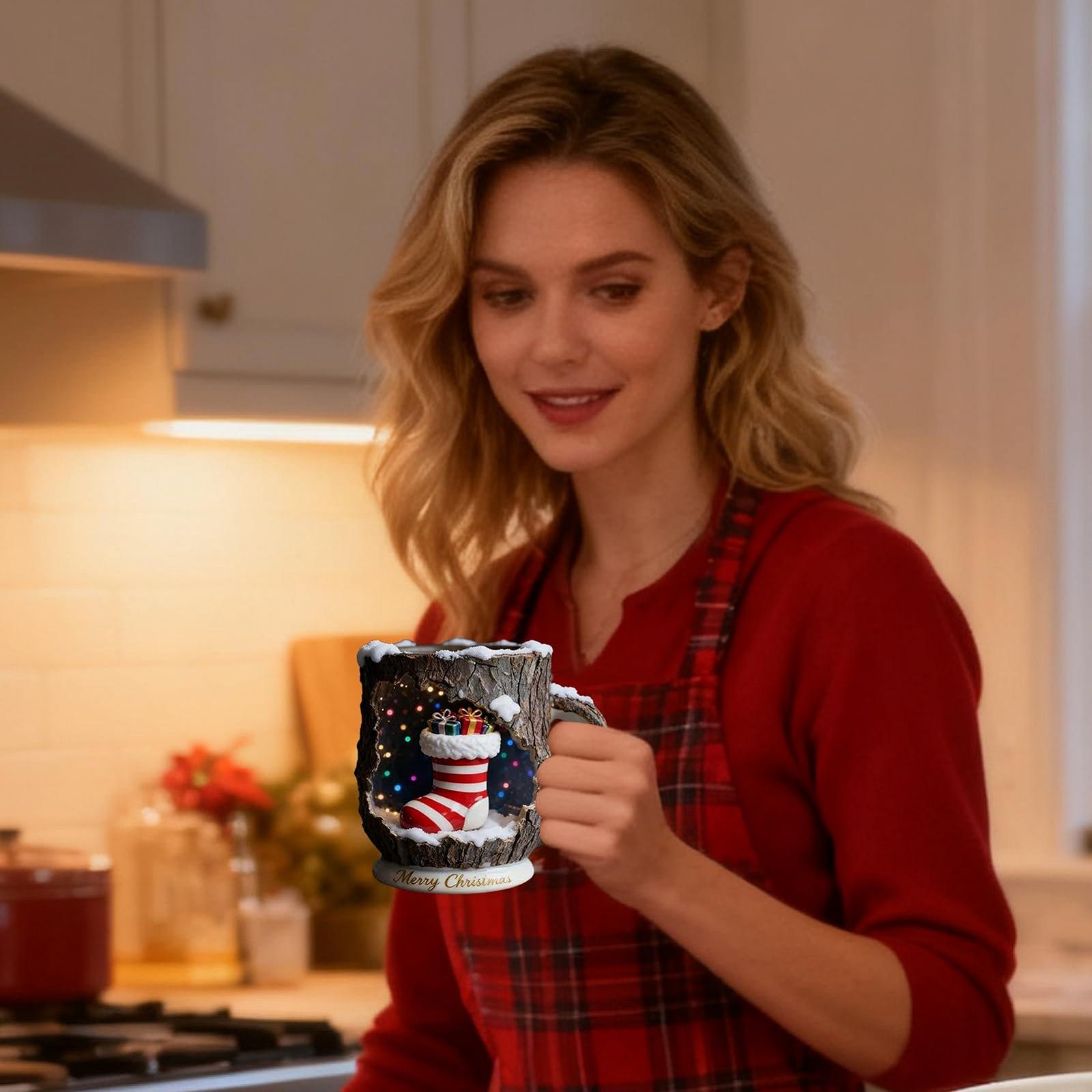 Рождественская Кружка с текстурой коры дерева для напитков, Чайная чашка с дизайном елки, для путешествий, дома, украшения стола и новоселья, фото №5