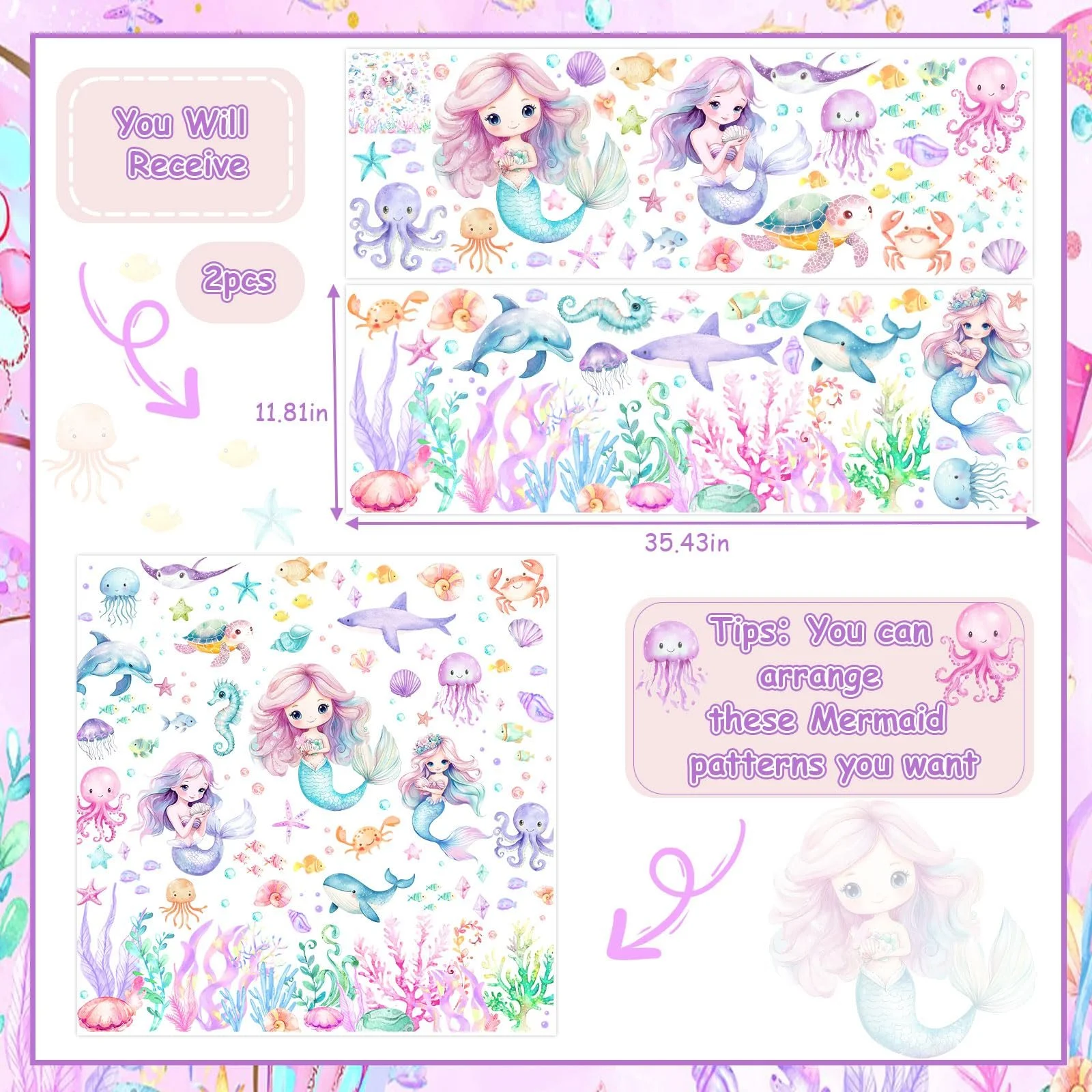 Наклейки на стіну Kreatwow Русалка та морські тварини Набір 2 шт., фото №6