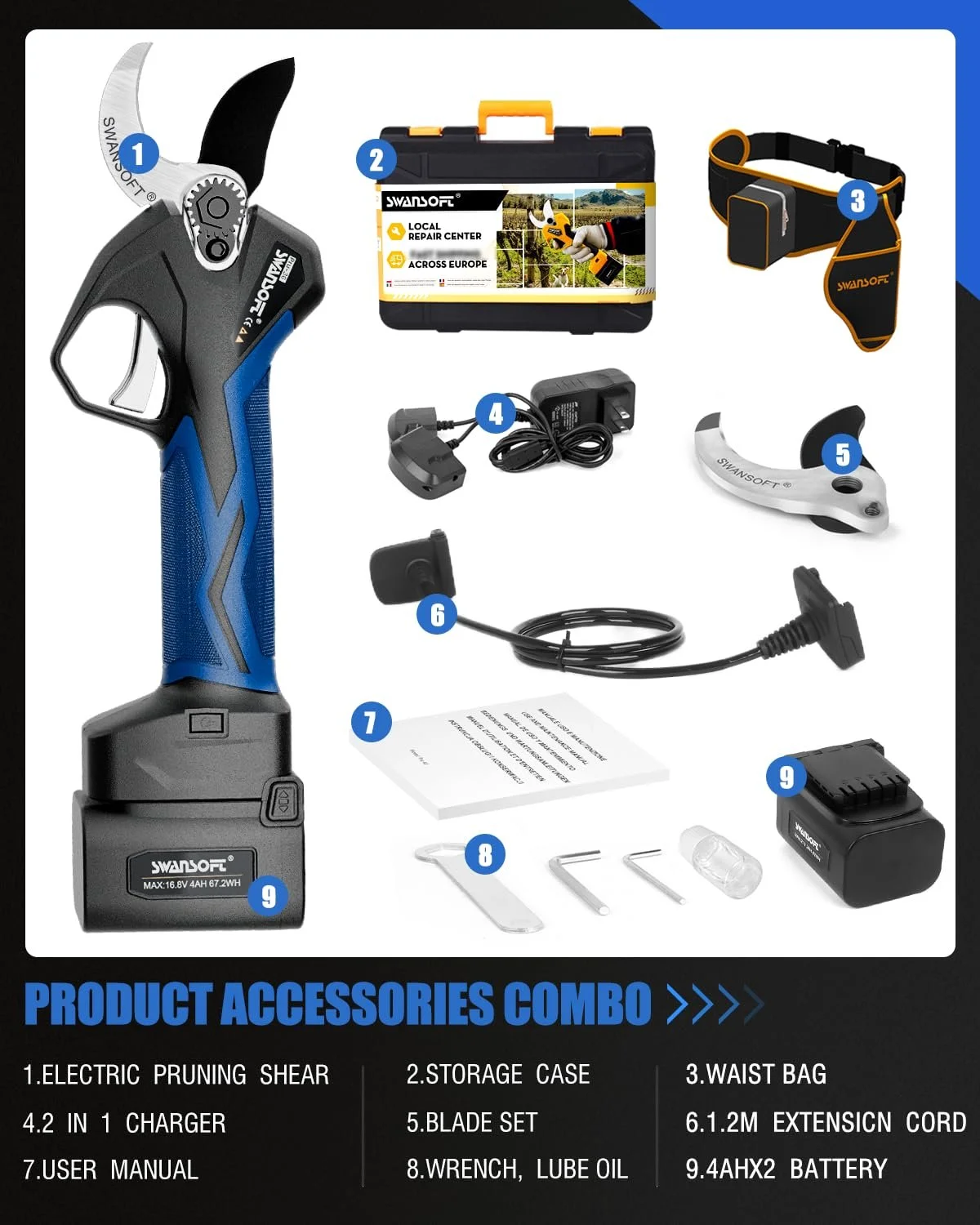 Секатор акумуляторний SWANSOFT PRU36 36 мм 16.8 В 900 Вт 4 Аг + 2 Аг, фото №6