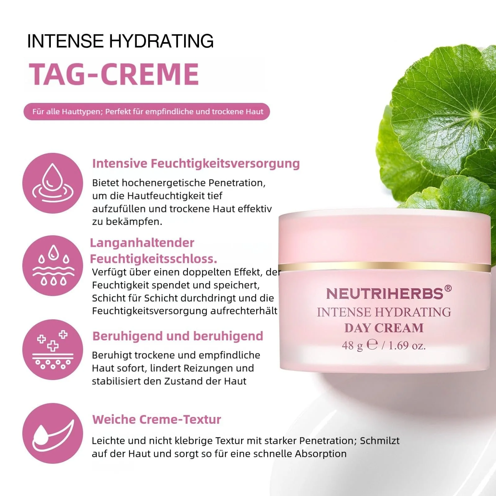 Денний зволожувальний крем Neutriherbs Intensive Moisturising 48 г З пантенолом проти почервонінь для сухої та чутливої шкіри, фото №3