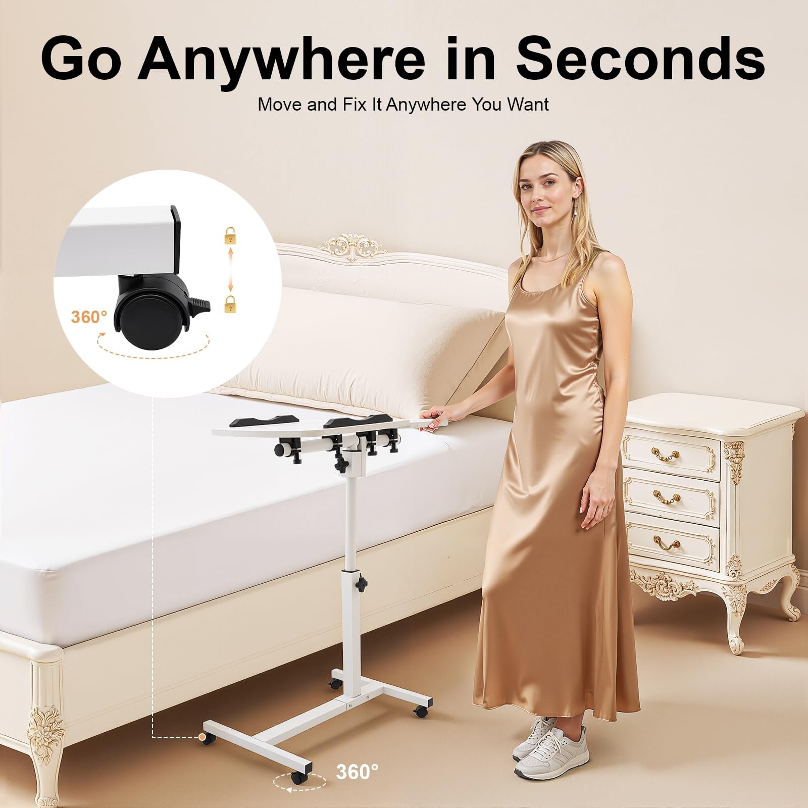 Столик для ноутбука, регулируемый по высоте 60–95 см, на колесиках, прикроватный столик, мобильный столик для ноутбука, регулируемый угол наклона, складной, 2 столешницы 40x40 см & 20*40 см, для кровати, офиса, дивана, белый, фото №3