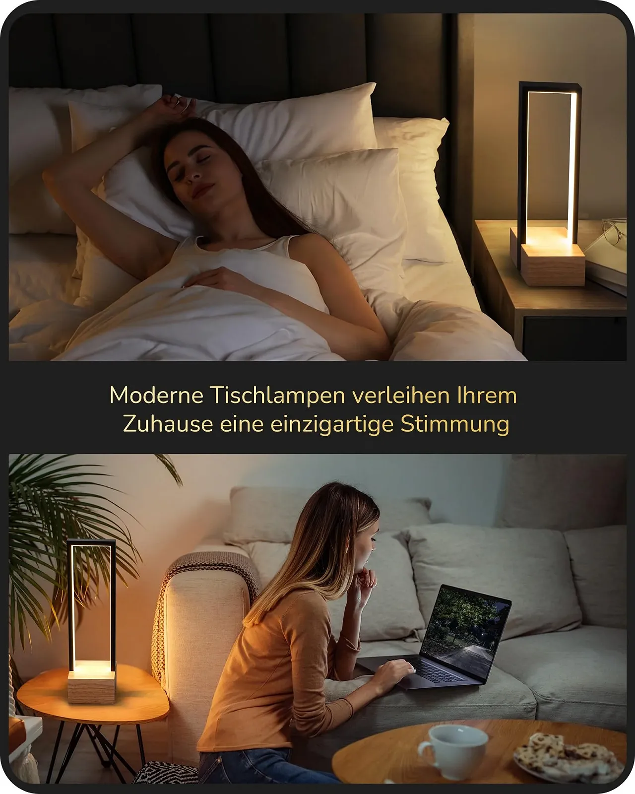 Настільна лампа EDISHINE LED дерев'яна квадратна сенсорна 350 lm Чорна матова, фото №7