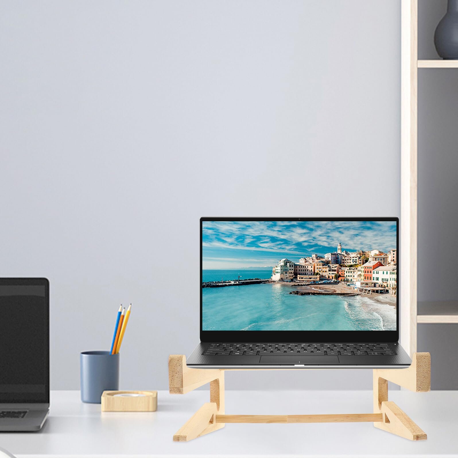 Подставка для ноутбука Homoyoyo Деревянная, вертикальная подставка для устройств, прочная подставка-подъемник с улучшенным отводом тепла, эргономичная для офиса и дома, компактная, фото №7