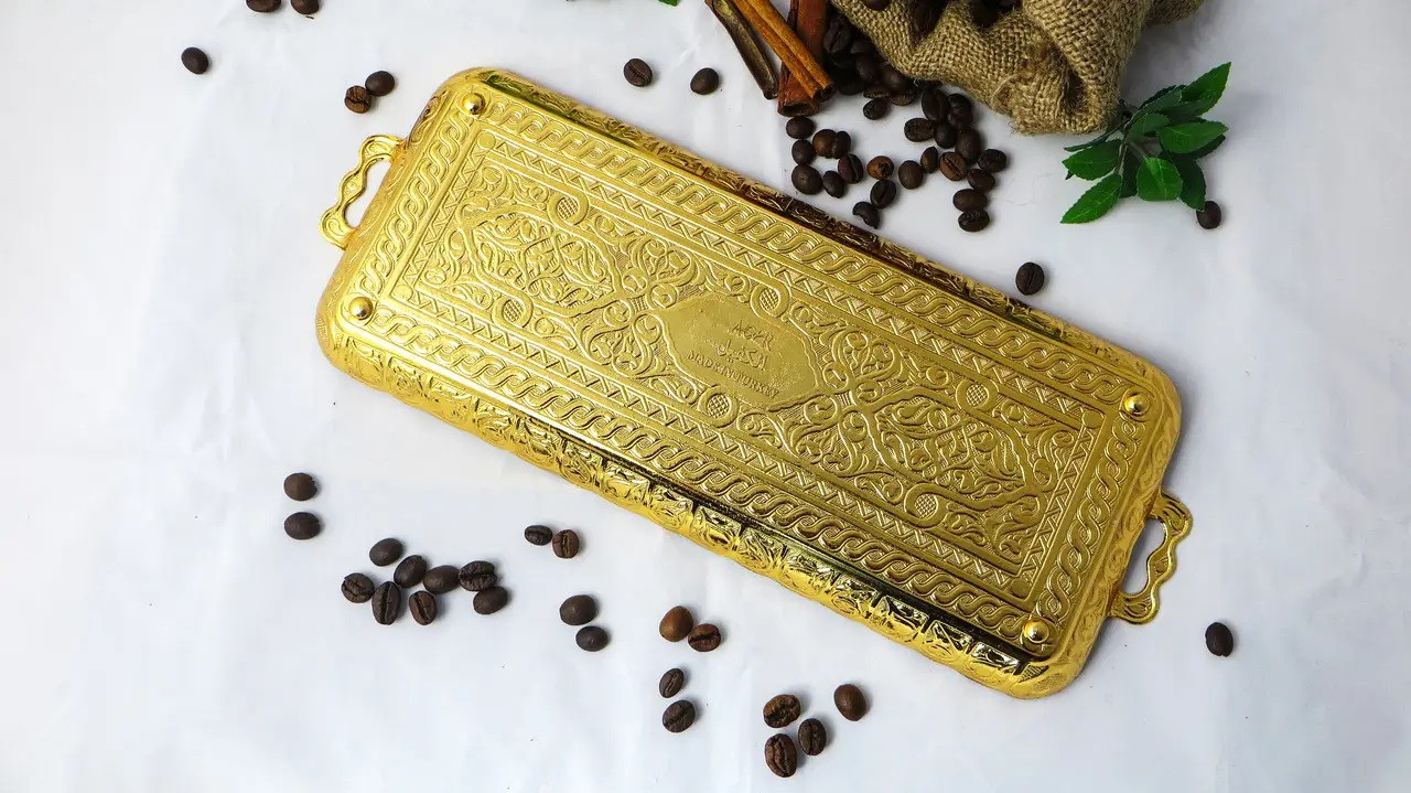 Турецкий кофеный поднос в восточном стиле металлический Цвет Золото, фото №3
