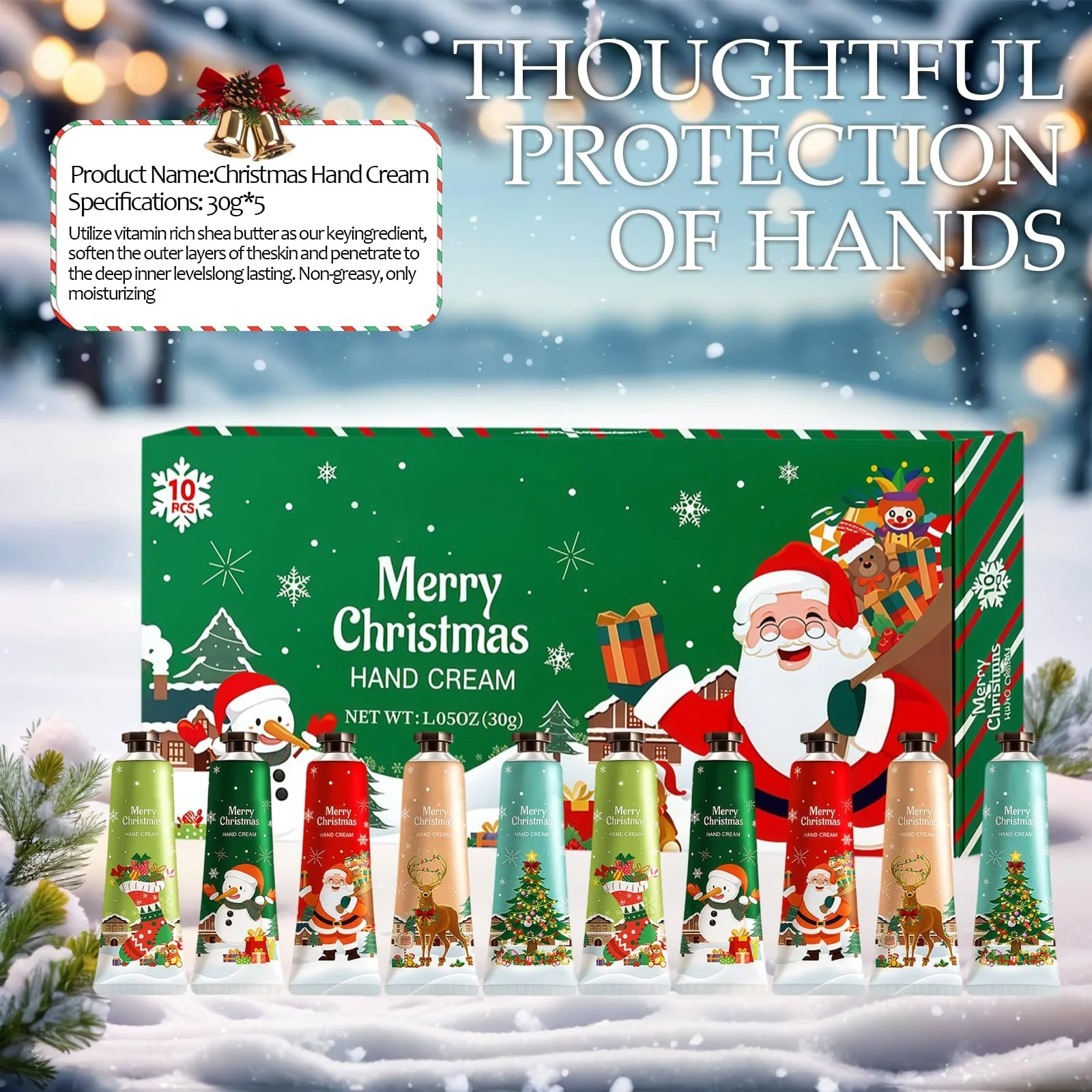 Крем для рук Christmas Mini Набор из 10 рождественских кремов для рук, растительный аромат, крем для ухода за очень сухой кожей рук, подарок на Рождество, День рождения, фото №2