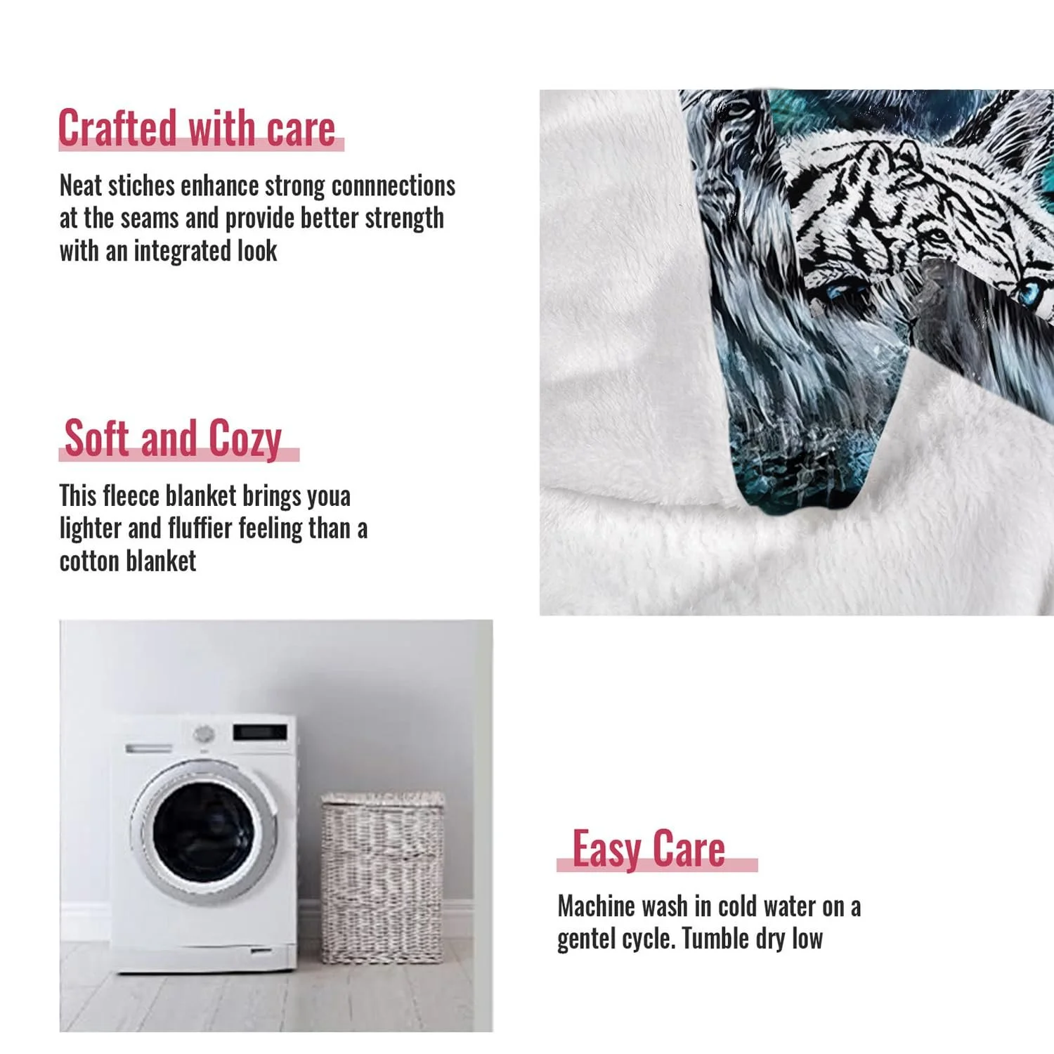 Покривало YISUMEI 150 x 200 см М'яка фланелева Покривало Білий тигр Блакитний, фото №6