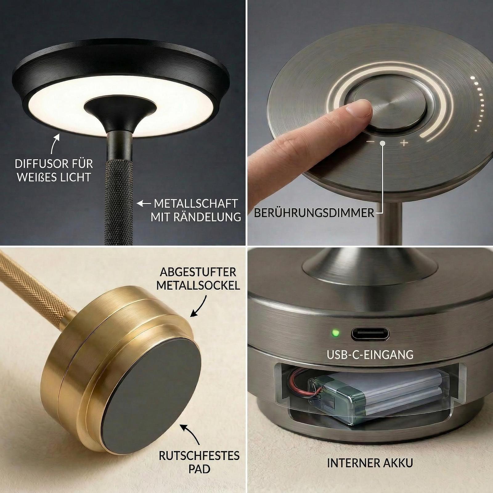 Настільна лампа LED бездротова з вбудованим акумулятором, сенсорна, димована, USB-C, чорна, фото №3