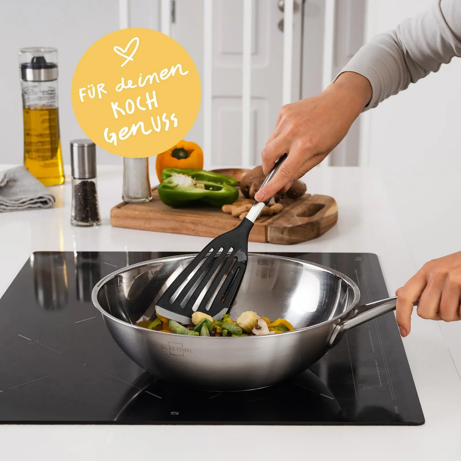 Сковорідка-Wok SILBERTHAL Без покриття Індукційний 28 см Нержавіюча сталь для смаження та жарки Для всіх типів плит, фото №7