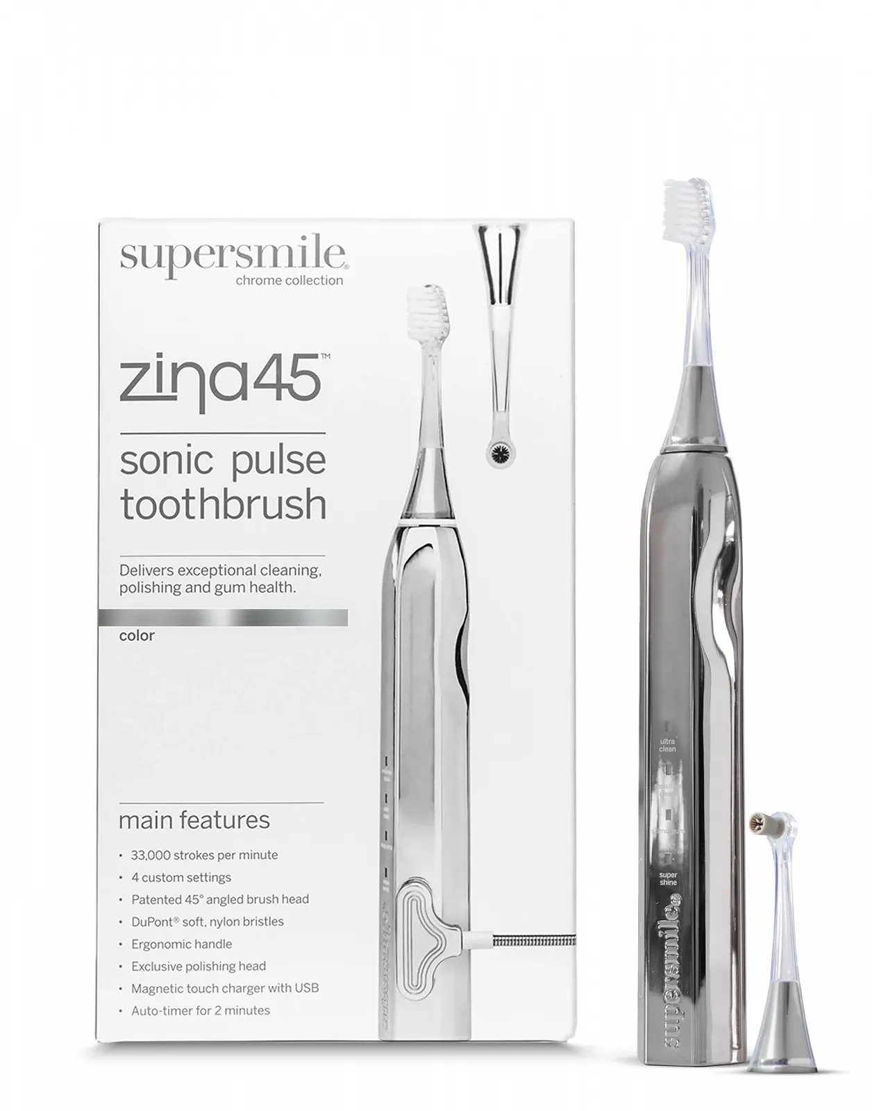 Электрическая звуковая зубная щетка Supersmile Zina45 Серебристая, фото №1