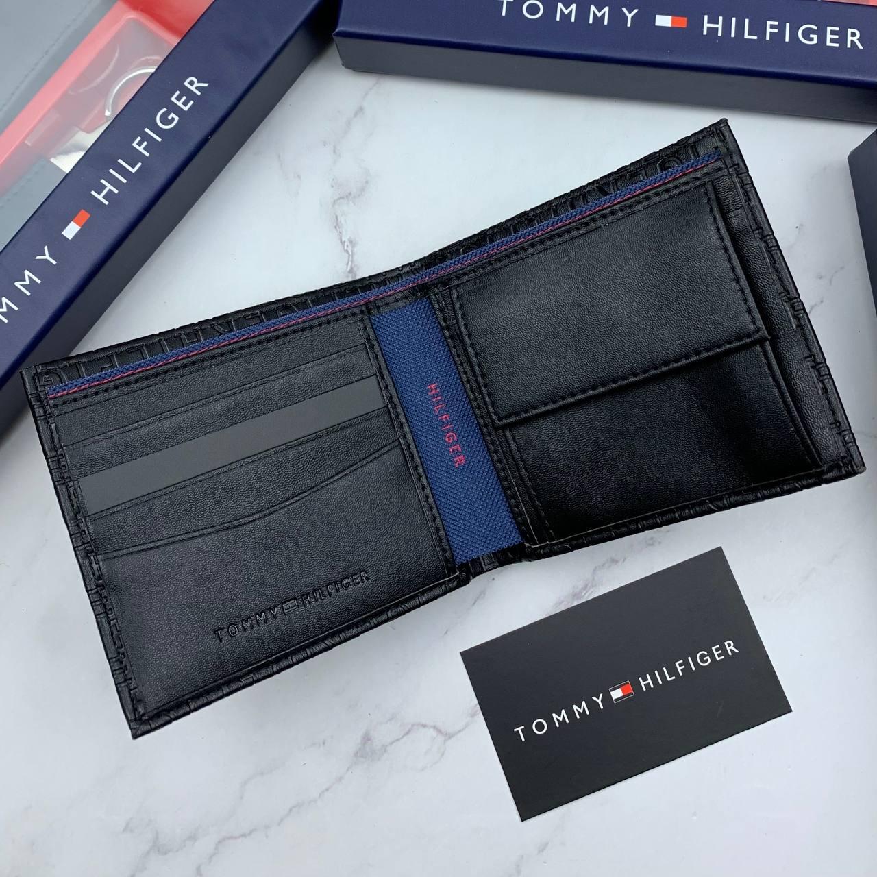 Мужской кошелек кожаный черный Tommy Hilfiger брендовый подарочный набор 3 в 1 портмоне картхолдер брелок, фото №5