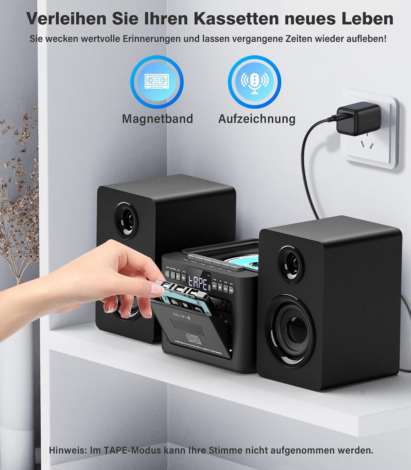Стереосистема Greadio з CD-програвачем і касетним магнітофоном, динамік 40 Вт, Bluetooth 5.1, компактна з FM-радіо/USB/TF/AUX/дистанційним керуванням, HiFi музична система Чорний, фото №6