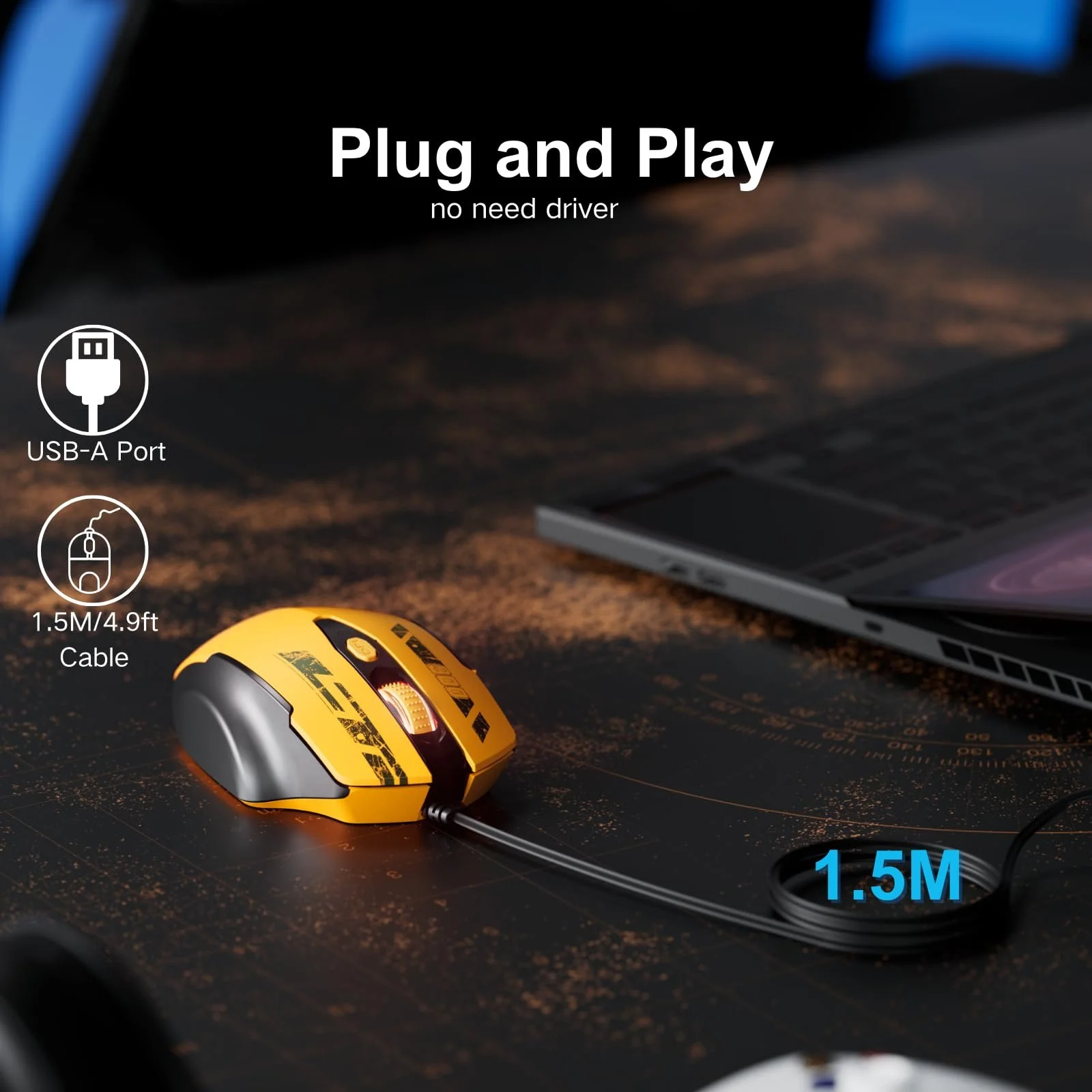 Мышь Uineer проводная, эргономичный дизайн, до 7200 DPI регулируемая, 6 кнопок, компьютерная, PC, для ноутбука, компьютера, Plug & Play, матовая желтая, фото №2