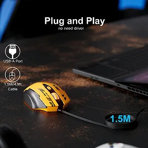 Мышь Uineer проводная, эргономичный дизайн, до 7200 DPI регулируемая, 6 кнопок, компьютерная, PC, для ноутбука, компьютера, Plug & Play, матовая желтая synthetic.ua - Фото 1