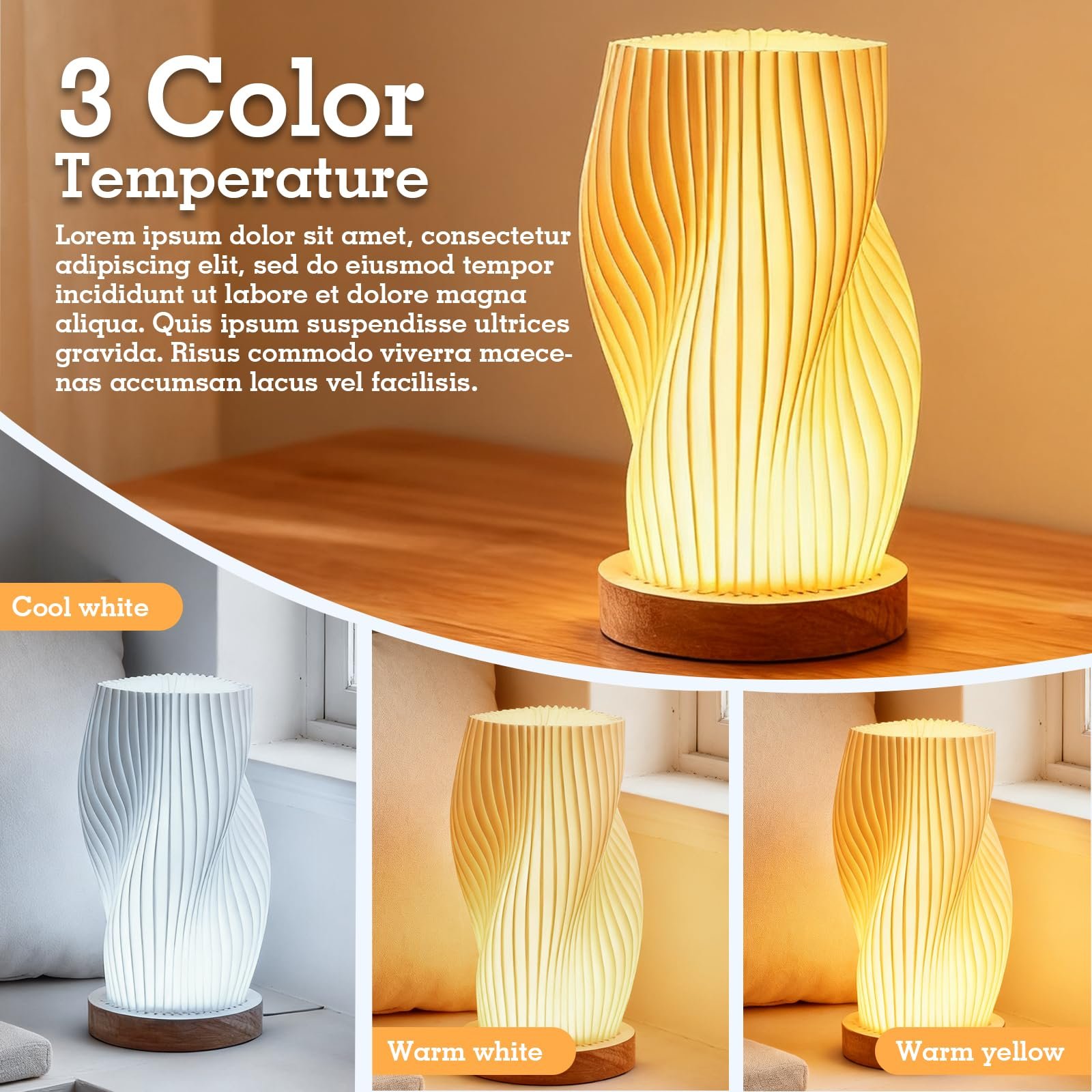 Настільна лампа з дерев'яною основою та абажуром з PLA 3-колірна LED з регулюванням яскравості 9 рівнів сучасна USB поворотна, фото №5