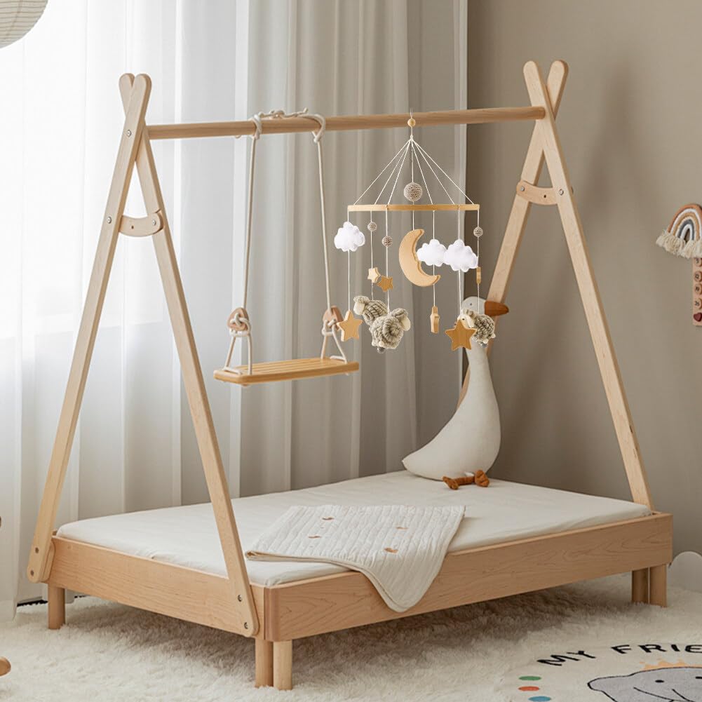 Детский мобиль Aublinto Babe Mobile с деревянными колокольчиками, фетровыми шариками, звёздами для детской комнаты с вязаными звёздами, луной и облаками, фото №4