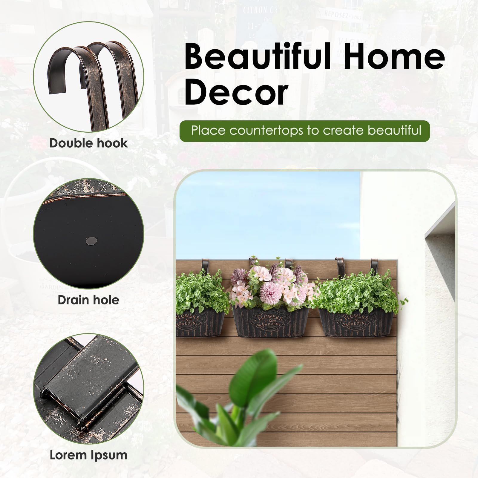 Горщики для квітів на паркан металеві овальні вінтажні Набор 3 шт., фото №3