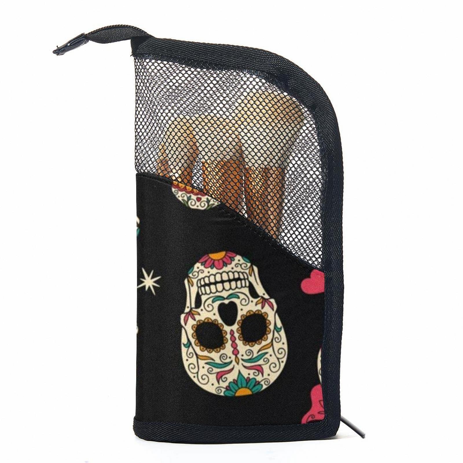 Набір пензлів для макіяжу з сумкою Mexican Skulls with Pink Bow, 12 шт., Colored-2950, фото №1