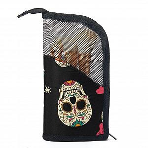 Набір пензлів для макіяжу з сумкою Mexican Skulls with Pink Bow, 12 шт., Colored-2950 - Фото 1